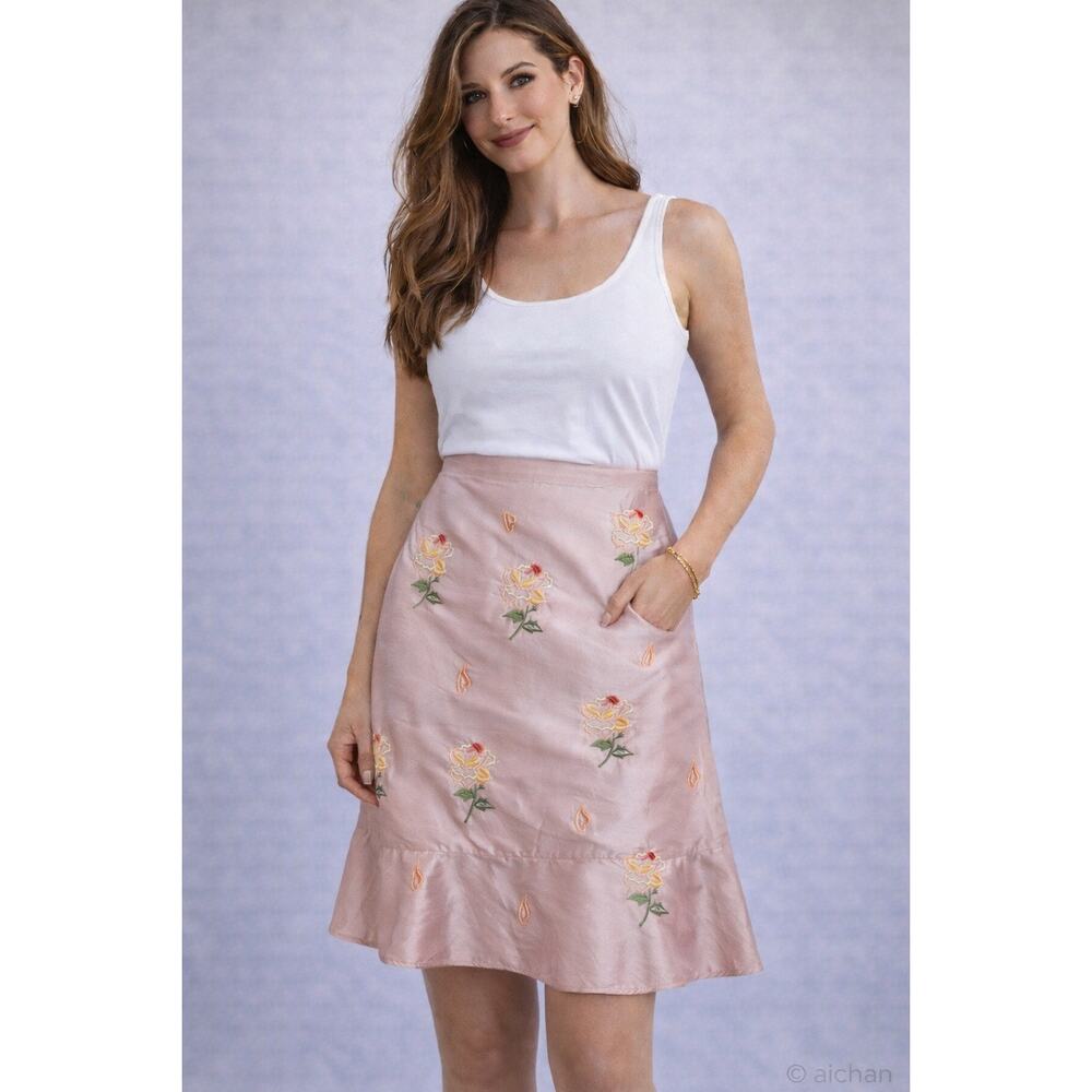 Odille Anthropologie Silk Floral Embroidered Skirt Pink Ruffle Hem Sz 2 coquette